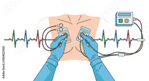 Vector illustration of emergency cardiac care. Hands apply defibrillator pads to a patient's back for heart rhythm monitoring, with an ECG waveform