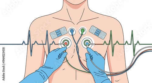 Vector illustration of a medical professional performing an electrocardiogram (ECG) heart test on a patient, showcasing diagnostic health monitoring procedures and cardiac assessment