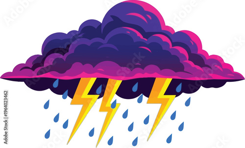 A vibrant depiction of a stormy cloud releasing rain and lightning in a vivid and dynamic display of nature's powerful forces Vector