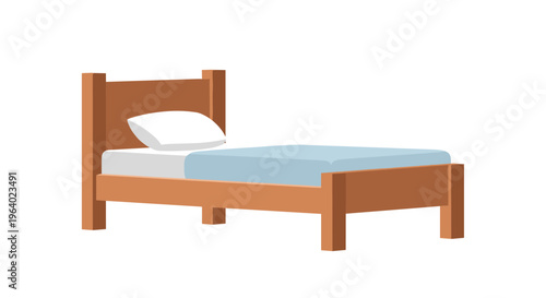 Basic single wooden bed frame with a white pillow and blue blanket representing bedroom furniture and rest in flat style.