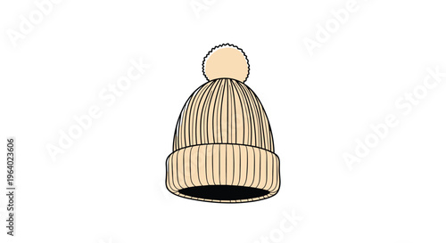 Warm knitted winter beanie hat in a soft beige color featuring a fluffy pom-pom and a thick folded brim for cold weather protection and style.