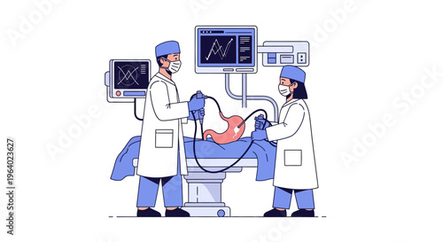 Medical Endoscopy Procedure Vector Illustration Two Doctors Performing a Gastrointestinal Examination with Advanced Equipment and Monitors
