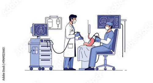 Medical Endoscopy Procedure Vector Illustration with Doctors Performing Diagnostic Examination on Patient Using Advanced Healthcare Technology