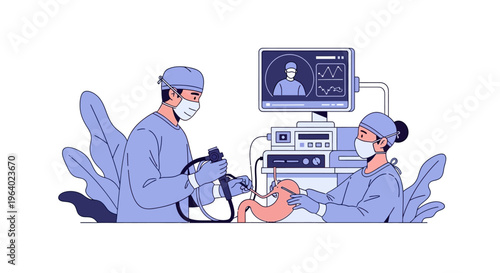 Medical Endoscopy Vector Illustration Surgeons Performing Procedure with Advanced Equipment for Diagnostic and Surgical Interventions