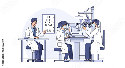 Eye Exam Illustration Doctors Conducting a Vision Test with Patients in a Medical Office, Vector Art