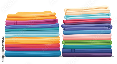 Neatly organized stacks of folded colorful garments and laundry including various shades of blue orange pink and green on a flat surface.