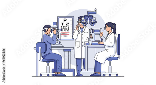 Vector Illustration of an Eye Examination with Doctor and Patient, Featuring an Eye Chart and Equipment for Vision Testing