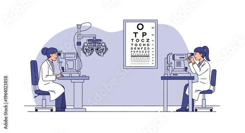 Detailed Vector illustration depicting professional optometrists conducting comprehensive eye examinations with advanced vision testing equipment and a classic Snellen chart in a modern clinic setting