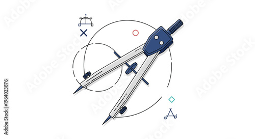 Precision drawing compass for geometry and technical drafting displayed with geometric circles and design symbols in a modern illustrative style.