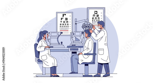Ophthalmology clinic Vector illustration of an eye examination. Doctors checking patient's vision with Snellen chart and phoropter in a modern office