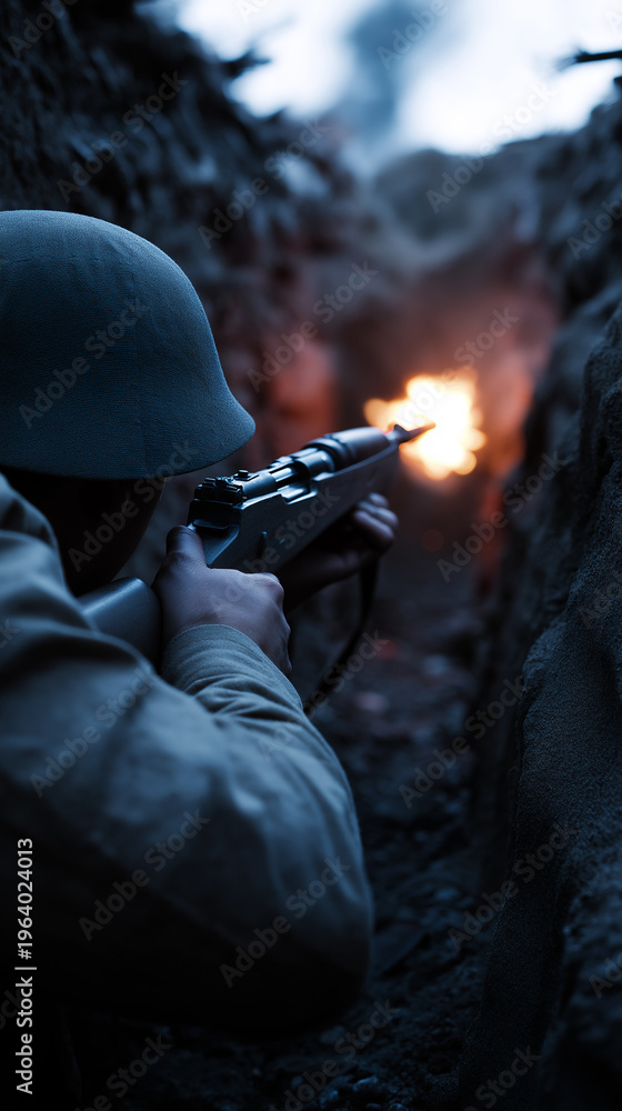 Obraz premium Soldier aiming rifle from a trench with intense focus during a military operation in a battlefield environment. 