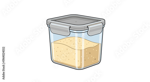 Clear plastic food storage container with a grey locking lid filled with sand or fine grain material used for organization in a kitchen pantry.