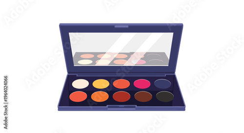 Colorful eyeshadow makeup palette featuring twelve different shades from light cream to dark black with a built-in mirror for cosmetics use.