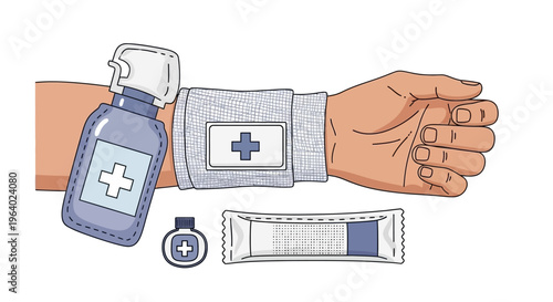 Detailed Medical First Aid Essentials Vector Illustration Showcasing a Bandaged Arm, Antiseptic Spray, and Wound Dressing Supplies for Injury Care