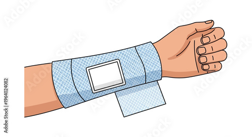 Vector illustration depicting a bandaged human arm, symbolizing medical care for injury, recovery process, first aid, or rehabilitation treatment
