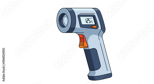 Digital infrared non-contact thermometer showing a temperature reading on its screen used for medical screening or industrial heat measurement.