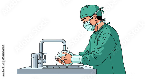Vector illustration of a surgeon wearing scrubs and mask washing hands under a faucet in a medical facility, hygiene practice