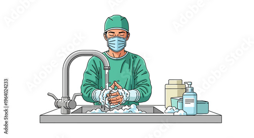 Detailed Vector illustration of a medical professional diligently washing hands at a sterile sink, emphasizing proper hygiene and surgical preparation procedures