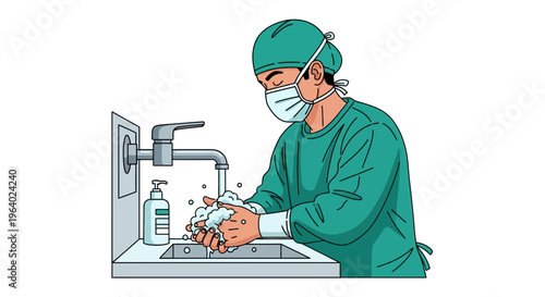 Vector illustration depicting a dedicated medical professional meticulously performing hand scrubbing at a hygiene station, emphasizing health and safety protocols