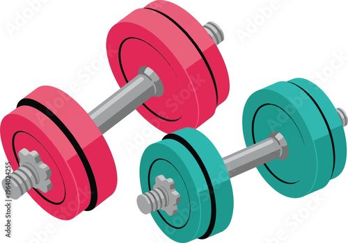 A set of colorful dumbbells arranged in a dynamic composition featuring vibrant red and teal weights connected by a central bar Vector