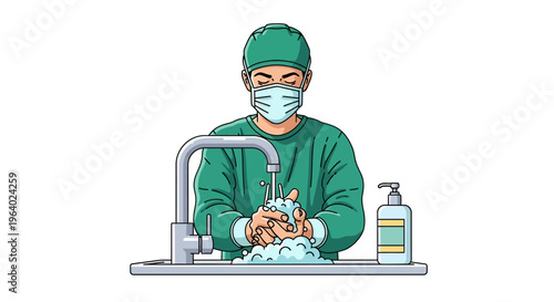 Professional healthcare worker in scrubs and mask meticulously washing hands with soap and water at a dedicated hygiene station, a clean Vector graphic