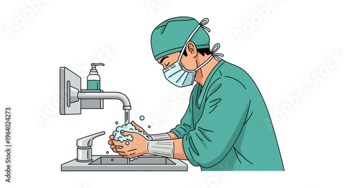 Vector illustration of a medical professional performing rigorous hand washing at a dedicated scrubbing station, emphasizing hygiene and sterile practices for health safety