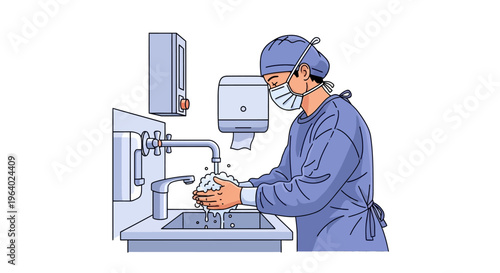 Vector art depicting a medical professional meticulously washing hands at a sterile scrubbing station, emphasizing crucial hygiene practices for infection control