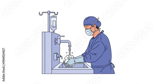 Clean Vector graphic of a medical professional meticulously scrubbing hands at an advanced surgical station, vital for maintaining aseptic conditions and patient well-being
