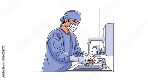 Vector art Healthcare professional meticulously scrubbing hands. Vital for medical hygiene, infection control, and sterile preparation in a clinical setting