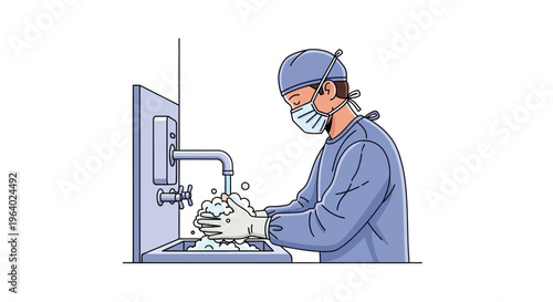 Doctor hand scrubbing vector illustration of medical professional washing hands at sink in surgical attire before surgery
