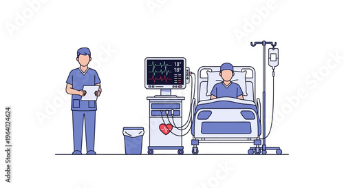 Vector art depicting a medical professional observing a patient in a hospital bed, connected to an advanced heart rate and vital signs monitor for critical medical care