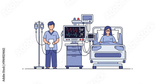 Vector illustration of patient in hospital bed receiving critical care, connected to medical monitors and IV, attended by a nurse