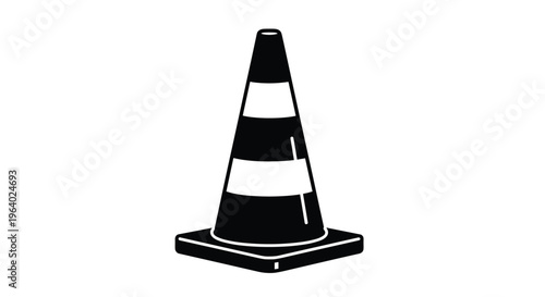 Solid black and white striped traffic cone with a square base used for road safety construction warnings and hazard identification in public.