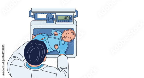 Doctor Measuring Infant Weight on Digital Scale in Clinic, Vector Illustration for Healthcare and Pediatrics Concept