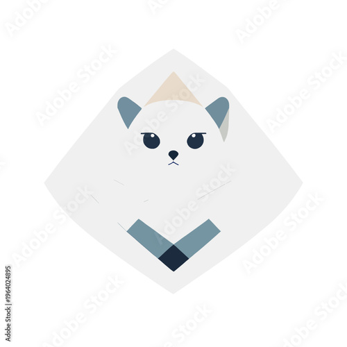 Cute Grumpy White Cat Face Minimalist Flat Design Illustration Isolated