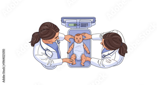 Vector illustration of two medical professionals weighing a baby on an infant scale, representing healthcare and growth monitoring