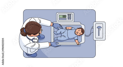 Top View Vector Illustration of a Pediatrician Weighing an Infant on a Digital Scale in a Medical Setting