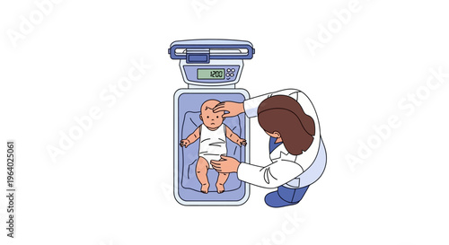 Vector Illustration of Pediatrician Weighing Infant on Digital Scale, Medical Checkup for Newborn Baby Health Monitoring