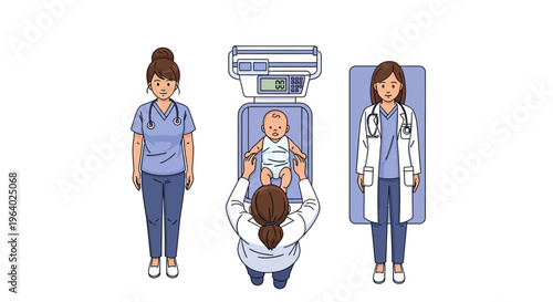 Vector illustration of medical professionals weighing an infant on a scale during a routine pediatric check-up, monitoring baby health, growth, and development