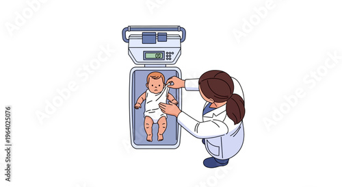 Vector illustration of a doctor weighing a newborn baby on a digital infant scale for health monitoring and medical check-up