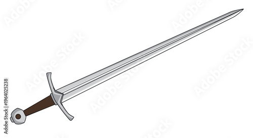 Long medieval European sword with a straight steel blade a crossguard and a brown leather grip shown as a historical weapon or prop.