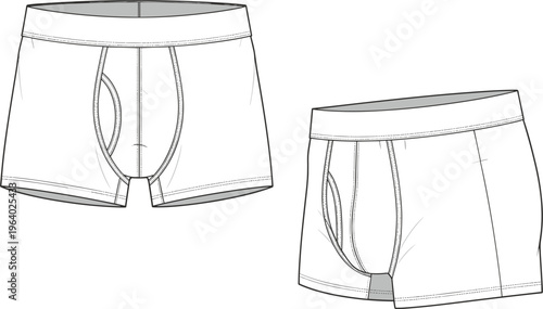 Men boxer briefs underwear technical fashion sketch front and side view vector illustration template isolated on white background.
