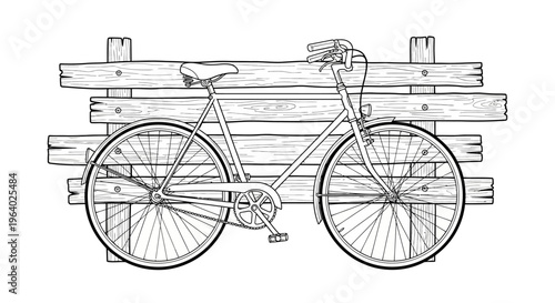 Bicycle leaning on wooden fence drawing.