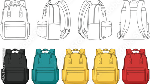 Technical fashion flat collection of backpack vectors featuring multiple views and a variety of colors for school travel accessories design tech pack template on white background.