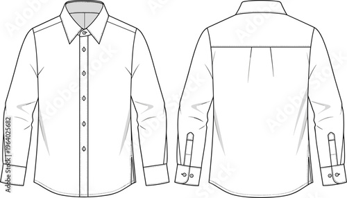 Men long sleeve button down dress shirt technical fashion sketch front and back view vector illustration template isolated on white.