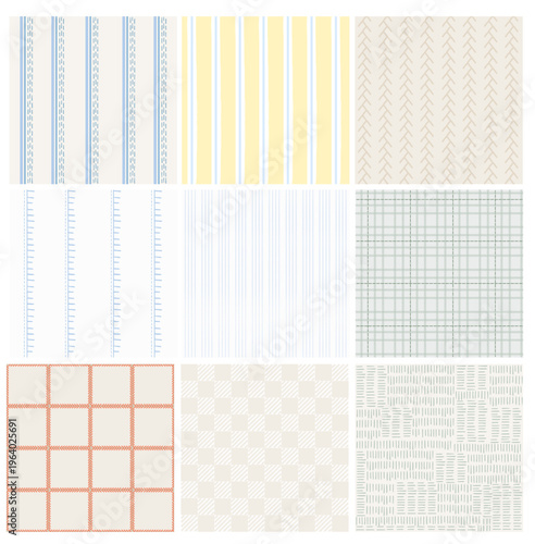 Collection of seamless vector patterns with vertical stripes, dashed stitched lines and check grid variation in soft and muted colors. Includes simple geometric and minimal textile designs suitabl
