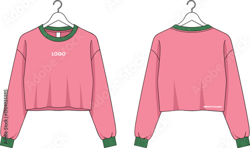 Technical fashion flat of a pink cropped sweatshirt with green ribbed trim on hangers featuring front and back views for women's apparel design tech pack on white background.