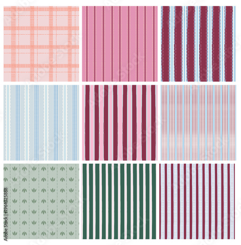Collection of seamless vector patterns with vertical stripes, dashed stitched lines and check grid variation in soft and muted colors. Includes simple geometric and minimal textile designs suitabl