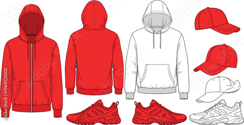 Technical fashion flat collection featuring zip up hoodies pullover sweatshirts sneakers and baseball caps vector illustration for streetwear brand tech pack template on white background.