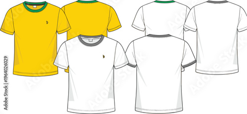 Collection of men and women basic t-shirt technical fashion sketches front and back view vector illustration templates isolated on white background.